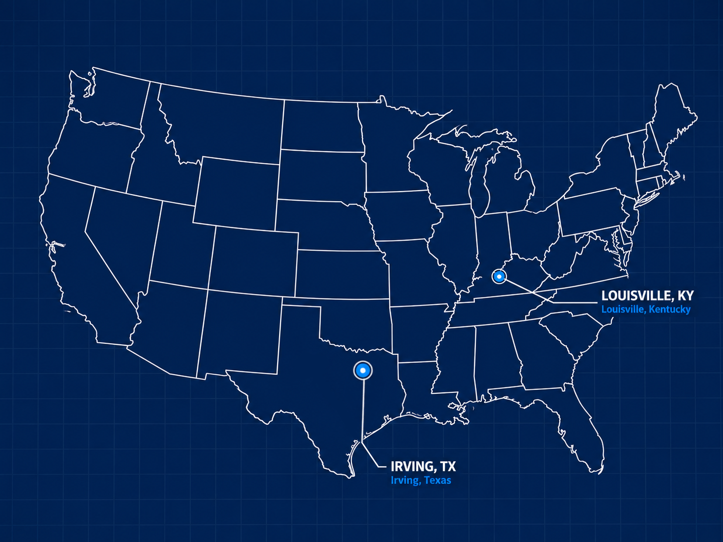 Map of the contiguous United States showing Horton distribution hubs in Louisville, Kentucky and Irving, Texas
