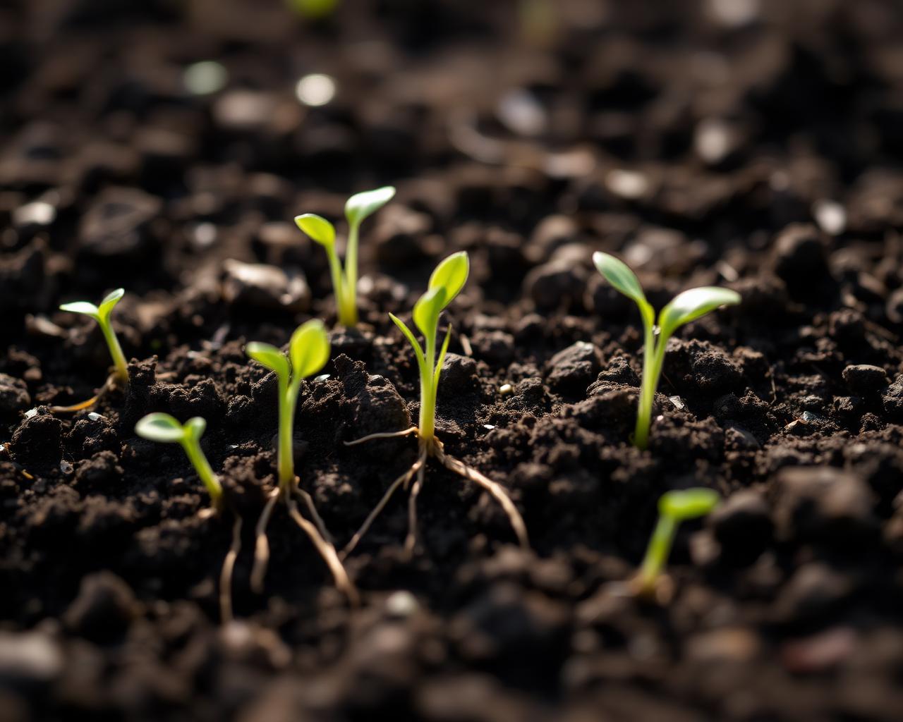 Young seedlings emerging from rich soil